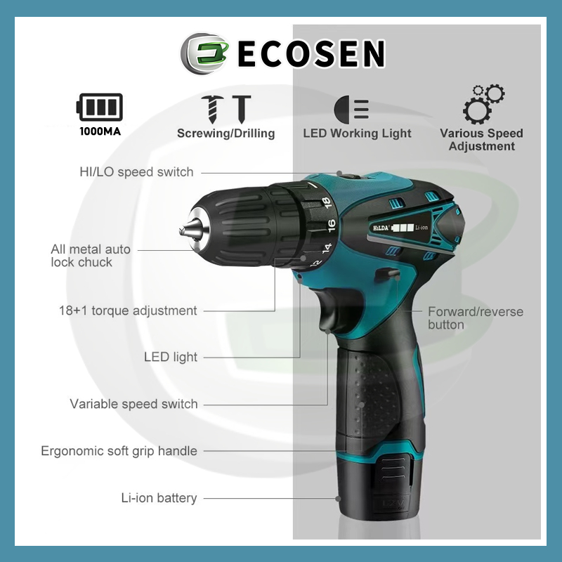 ECOSEN Mesin Bor Baterai Tangan 98vf Dengan 2 Baterai Bor Tanpa Kabel Bor Impact / Bor Impact / Bor Impact Baterai /