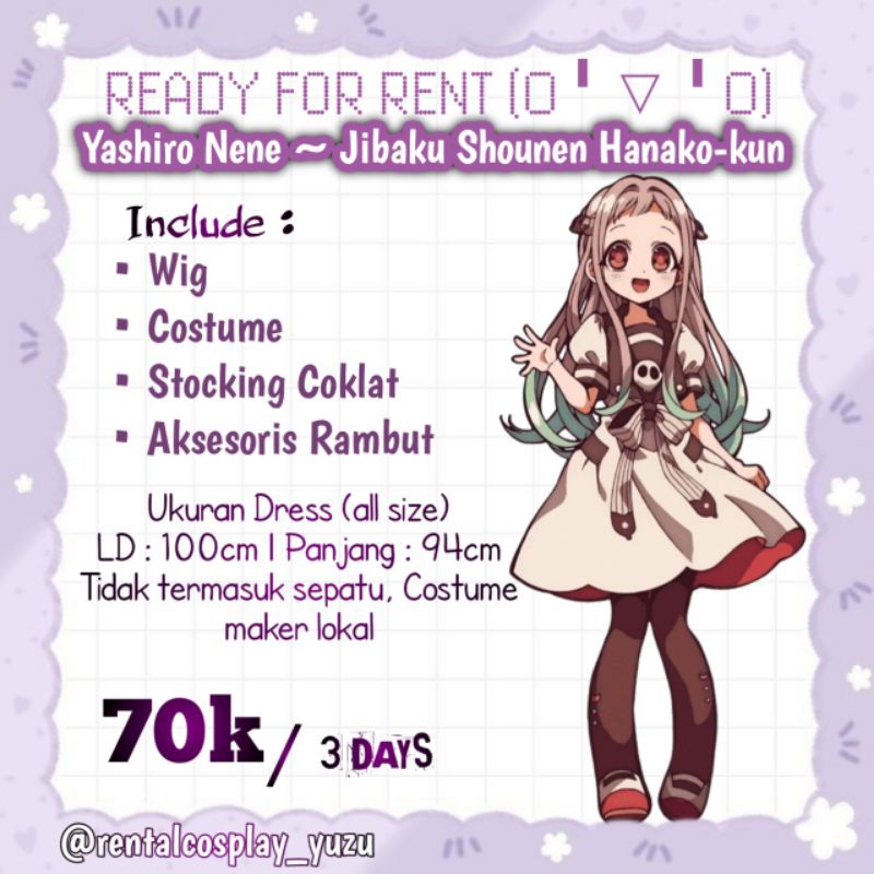 (RENTAL/SEWA) COSTUME COSPLAY YASHIRO NENE JIBAKH SHOUNEN HANAKO KUN CM KOSTUM ANIME COSPLAY MURAH T