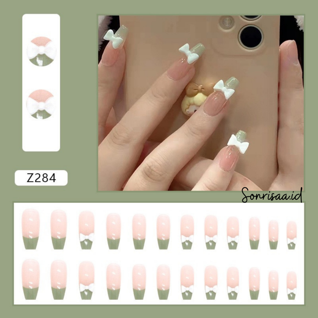 Kuku Palsu 3D Pink Hijau Pita 24pcs (Z284) / Fake Nail / Kuku Palsu Pengantin / Kuku Palsu Wedding /