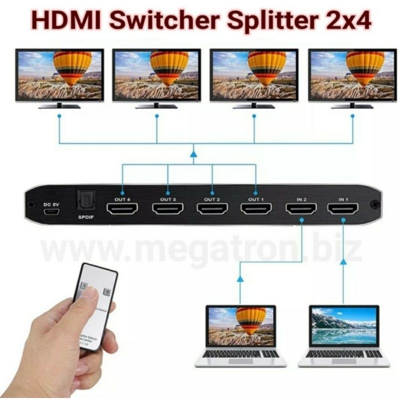 HDMI Switcher Splitter 2x4 (2 input - 4 output) - support 4K UHD
