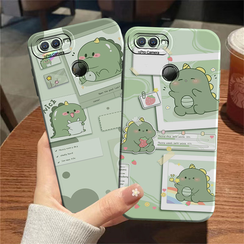 Case Oppo A7 A5S A12 A3S A1K C2 Silikon Pelindung Kamera Motif Dino Green