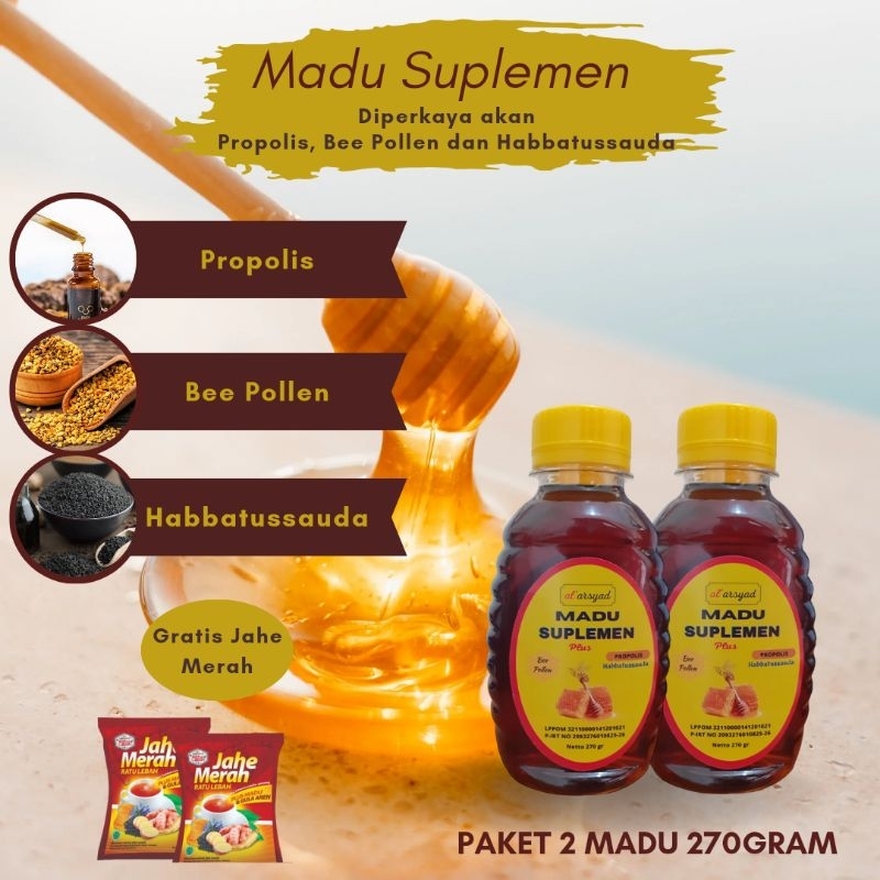 

Madu propolis bee pollen dan habbatussauda 270gram paket 2 madu gratis Jahe Merah