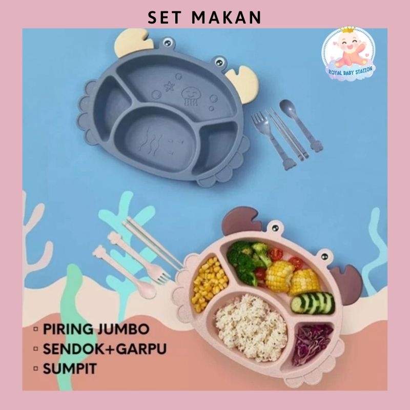 Set Piring Makan Karakter Anak Model CRAB Kepiting dengan sendok garpu sumpit