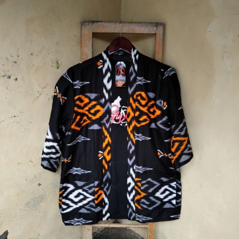 Wolv Kimono Outer Unisex Loose Casual Lengan Pendek Outer Cardigan Pria Etnik Tenun Ori Teras Jenggo