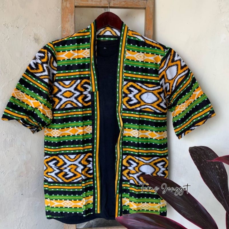 Wolv Kimono Outer Unisex Loose Casual Cardigan Lengan Pendek Outer Cardigan Pria Etnik Tenun Ori Ter