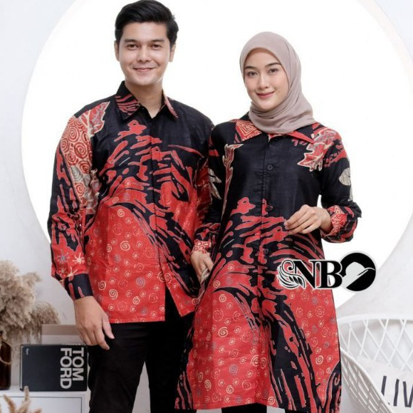 Baju Batik Couple Chava Oren Tunik Kemeja Sarimbit Lengan Panjang Motif Hitam M-XXXL Jumbo
