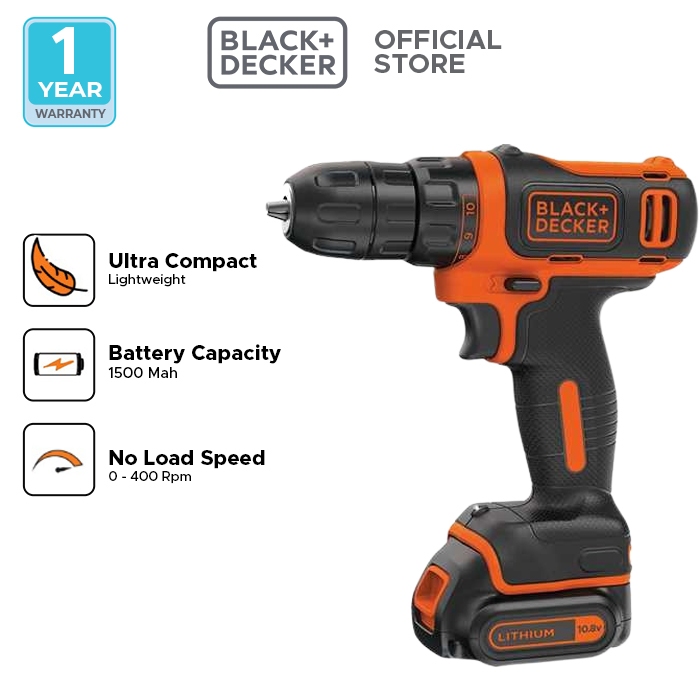 Black+Decker Cordless Drill Driver / Bor Obeng Baterai 10.8V BDCDD12K-B1