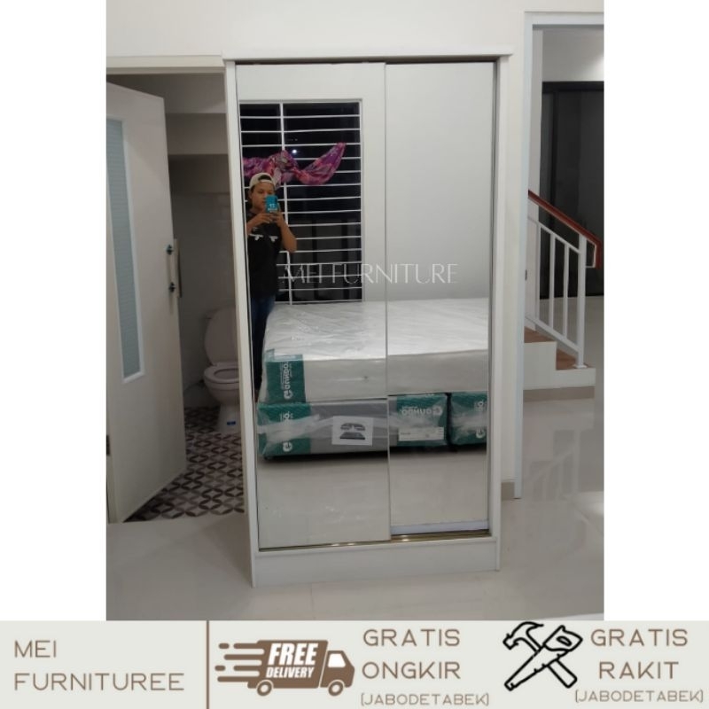 Lemari pakaian sliding door 2 pintu full cermin frameless termurah ukuran kecil 100x180