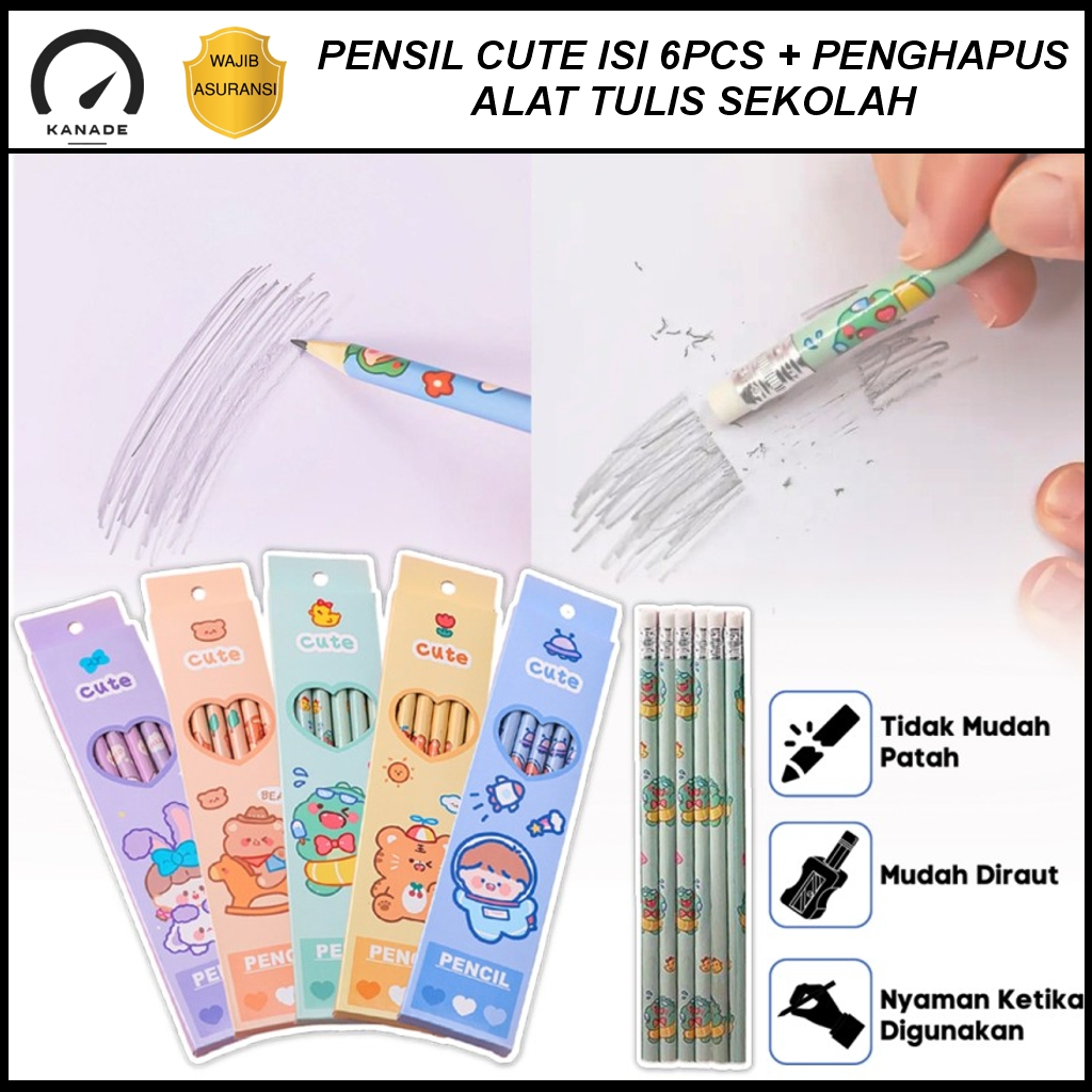 

Pensil Cute Set 6pcs + Penghapus Pencil Alat Tulis Sekolah Anak Unik