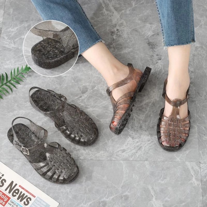(COD) sepatu sandal jelly kaca wanita/ meishaAge jelly transparan gliter/ sepatu sandal gladiator wa
