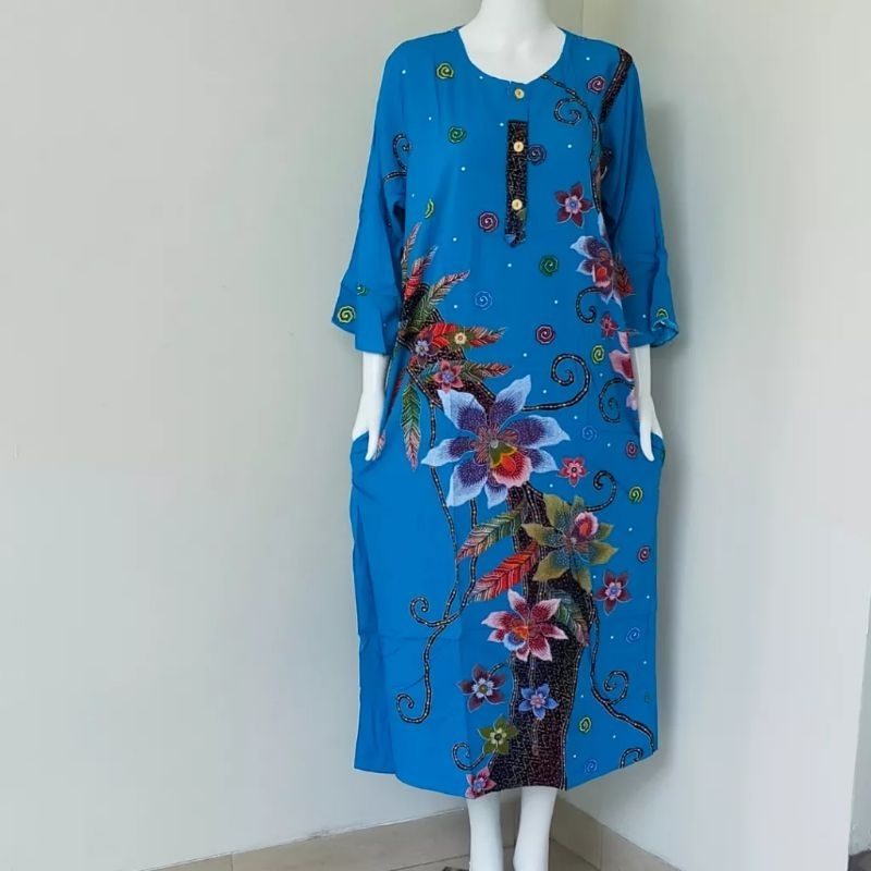 SA Longdress lengan 3/4 model terompet gamis daster batik kencana ungu label biru busui Ld 118 cm /