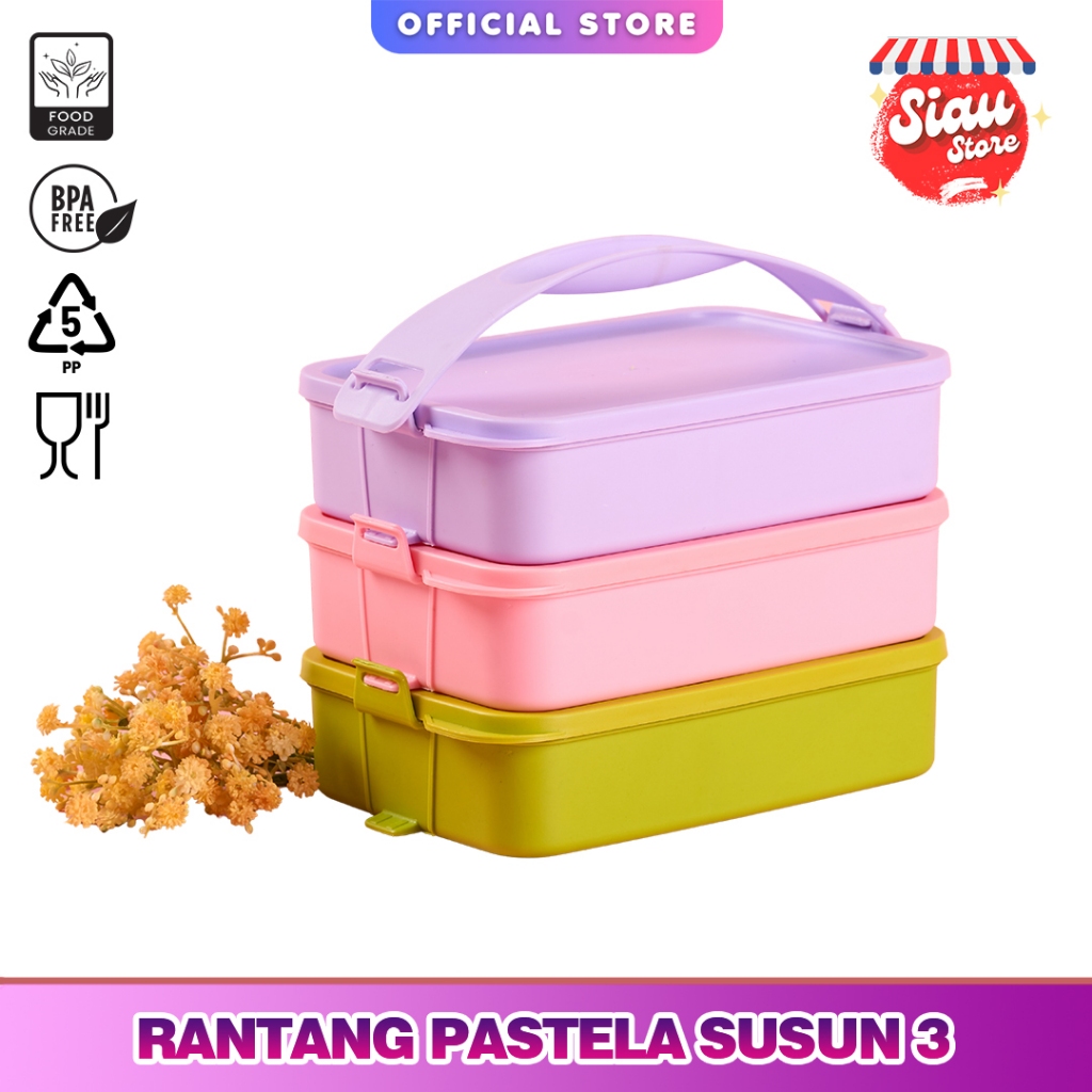 Rantang 3 Susun Plastik PP5 Food Grade, Lunch Box Bekal dengan Gagang, Warna Pastel, untuk Piknik da
