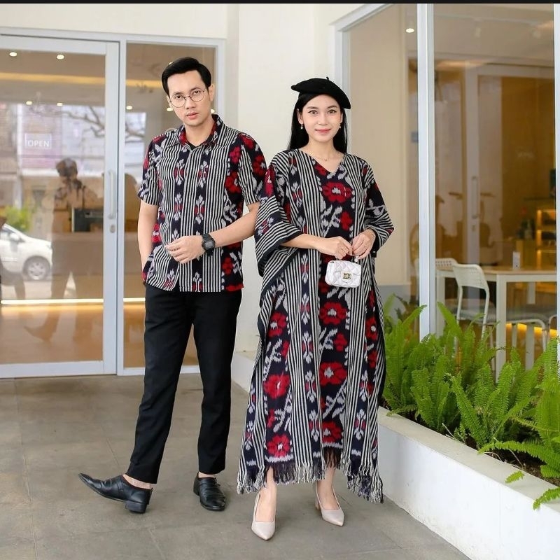 Set Couple Tenun Ikat Kaftan Tenun Kemeja Tenun Set Keluarga Baju Tenun Etnik