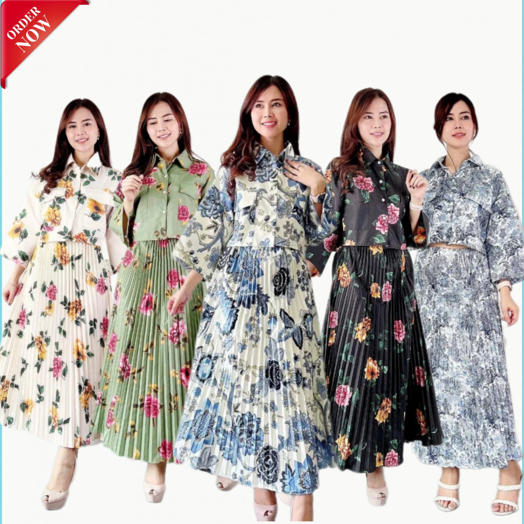 ONE SET WANITA KEKINIAN FLORA BLOUSE MOTIF BUNGA ROK PLISKET DAISY PREMIUM / LILY DAILY PREMIUM /ROK