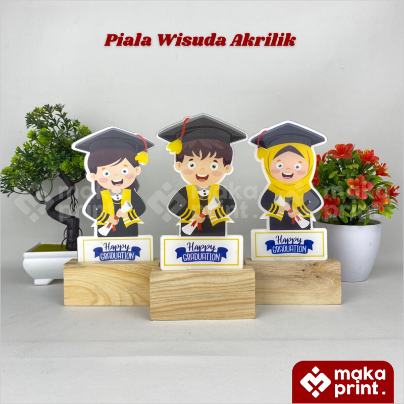 Piala Akrilik Wisuda (Non Hijab Graduation) Tatakan Kayu Free Stiker Nama - Piala Wisuda Almamater H