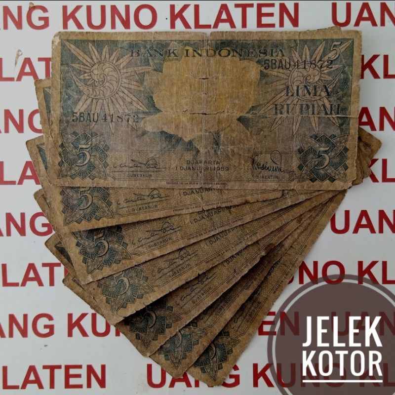 Jelek Asli 5 Rupiah Tahun 1959 Seri Bunga Rp Burung Uang Kertas Kuno Duit Lama Indonesia Original Poor Fine