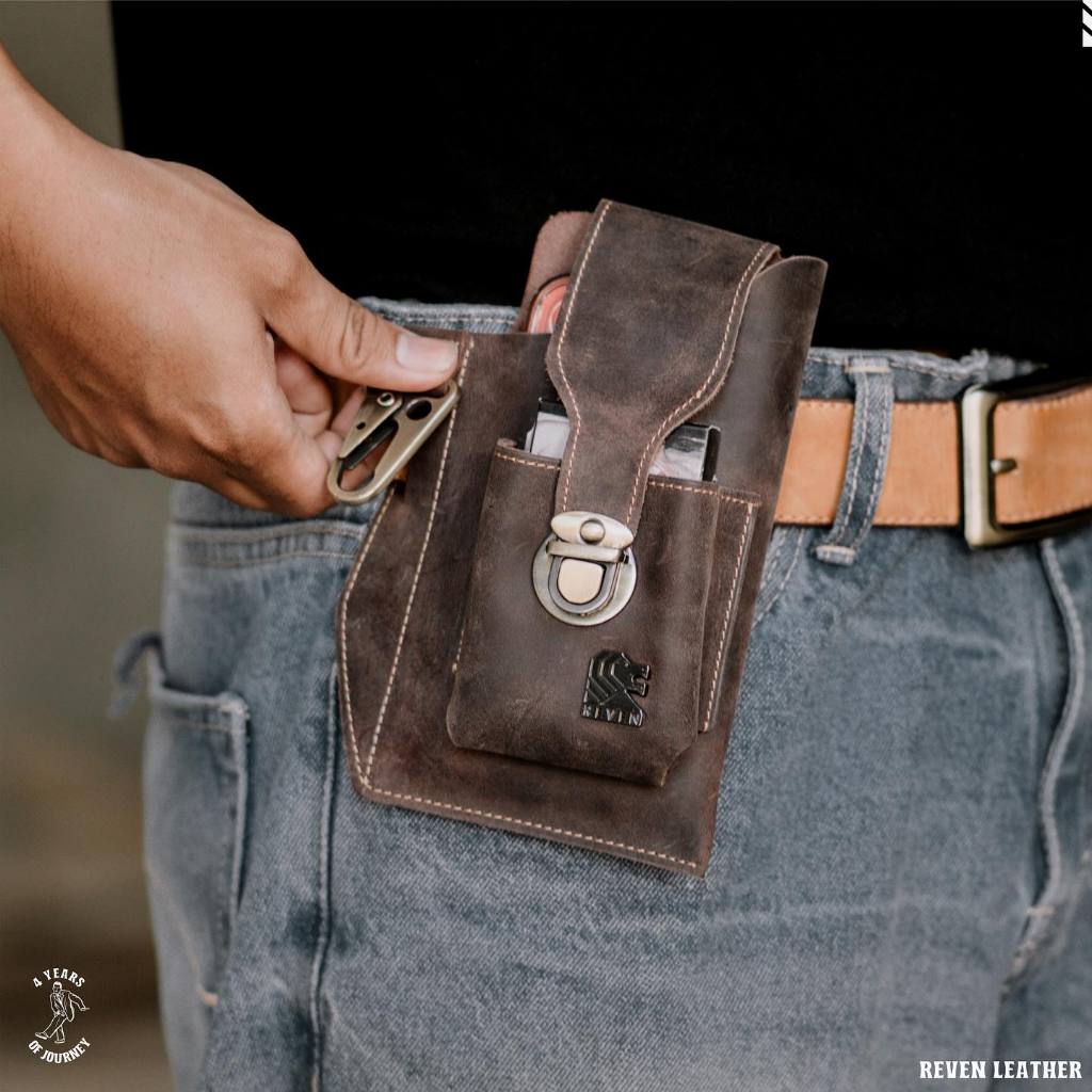Dompet HP Pinggang Pria Kulit Sapi Crazy Horse Keren Laki Klasik Cantolan Kunci Outfit Biker Motoran