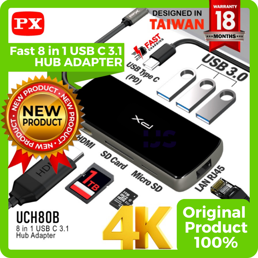 USB Hub Type C 3.1 to HDMI USB LAN Macbook Laptop 8 in 1 PX UCH80B