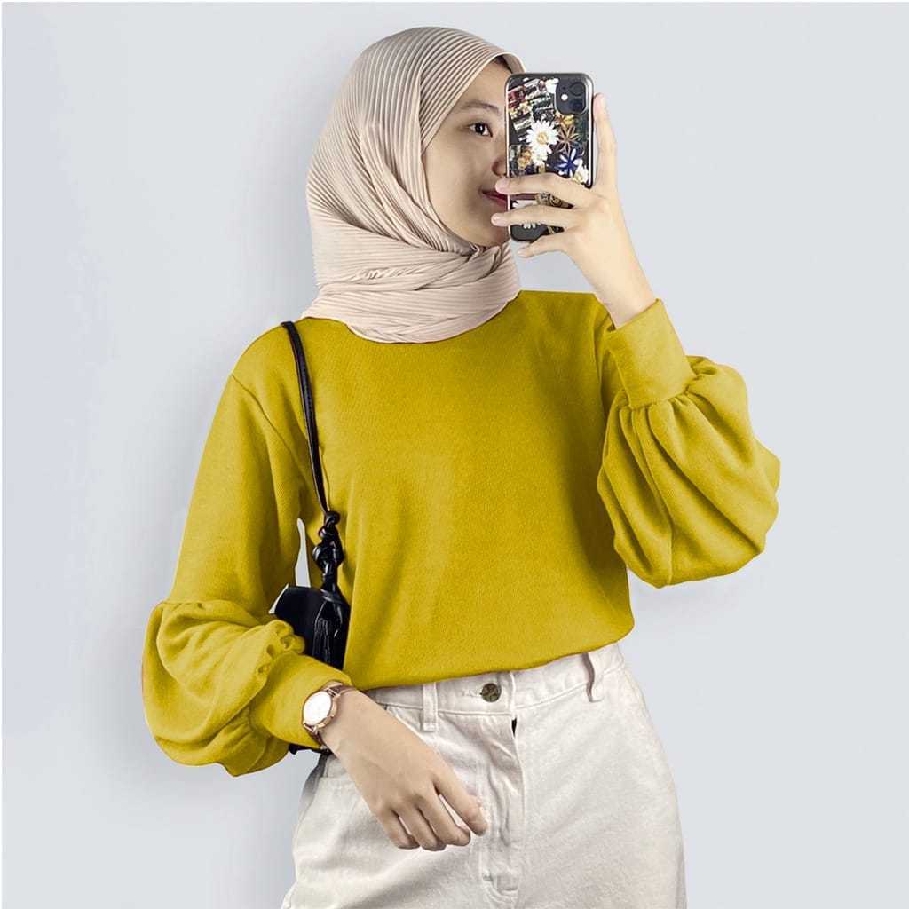 Kaos Rib Lengan Balon Wanita Atasan Blouse Lengan Panjang Kekinian