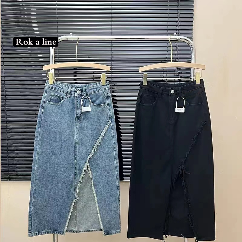 【wanita_id】rok jeans panjang rok korean style highwaist 7/8 rok a line rok midi skirt rok belah samping kekinian