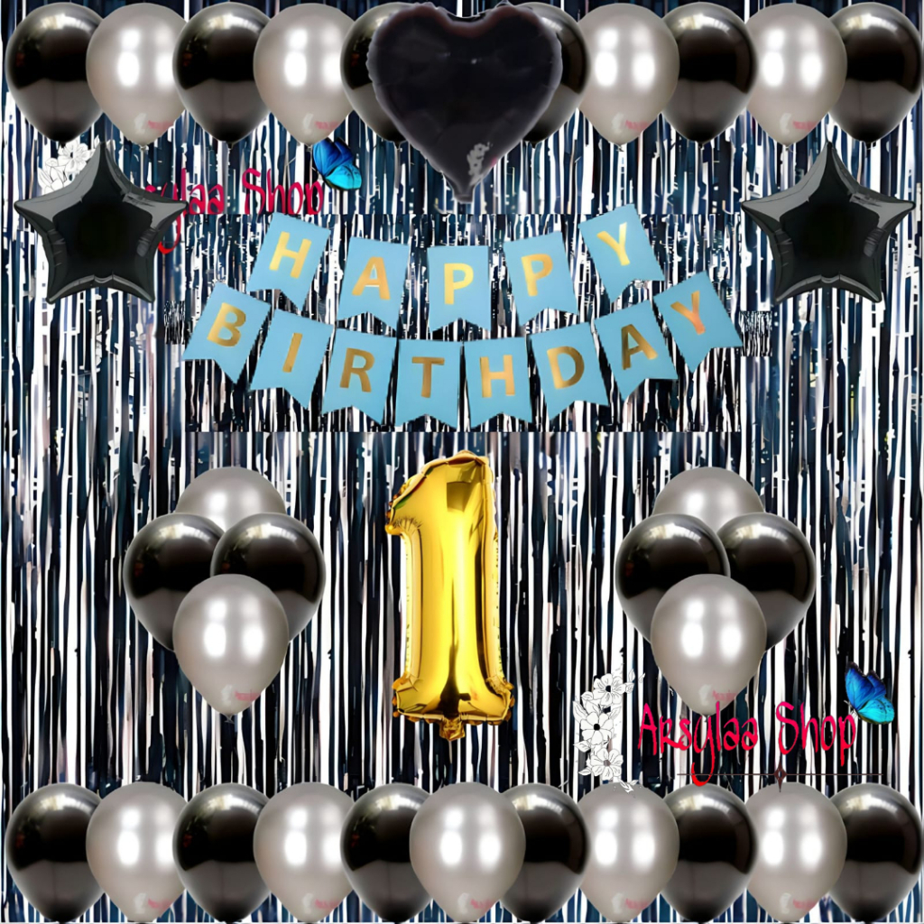 Paket Dekorasi Ulang Tahun Anak Dan Dewasa Cewek Cowok Banner Segilima Biru Balon Metalik Silver Mix