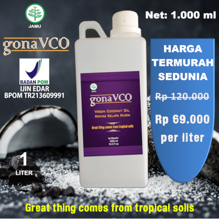 GONAVCO Virgin Coconut Oil VCO Minyak Kelapa Murni 1 liter 1000ml 100ml  250ml 100 250 1000 ml  untuk Diet Keto anti diabetes perawatan kulit rambut Bayi Kucing Kapsul Herbal Anjing VICO Bagoes SR12 Bali Coconut BPOM