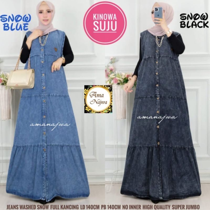 Kinowa Maxy Overall Dress Putungan Polos Hitam Jeans Snow Ld 140 Super Jumbo Fit XXXL By Amj