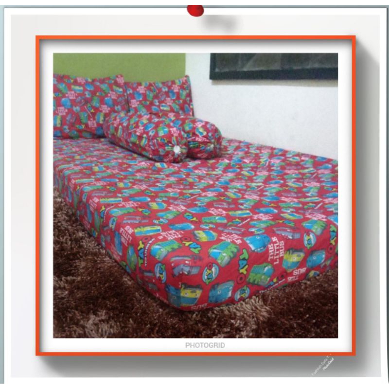 Sprei Katun Motif Karakter Kartun Anak Cowok Mobil Tayo Merah