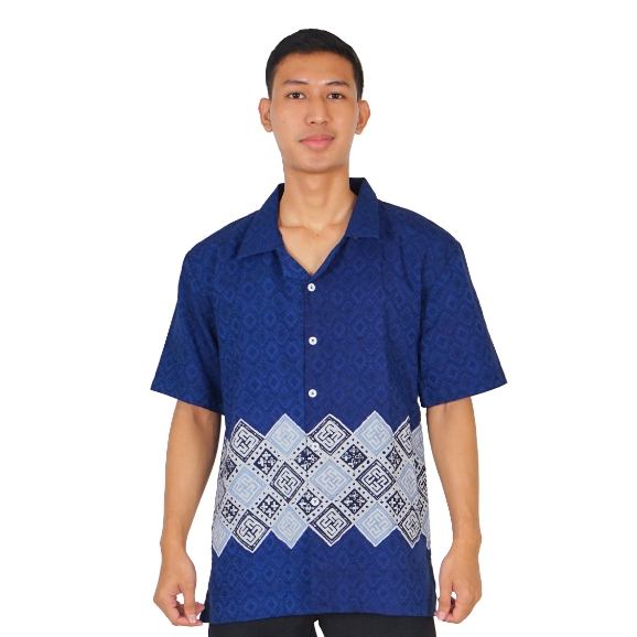 BATIK TRUSMI Kemeja Batik Pria Lengan Pendek Motif Kombinasi Zichuan Navy NA