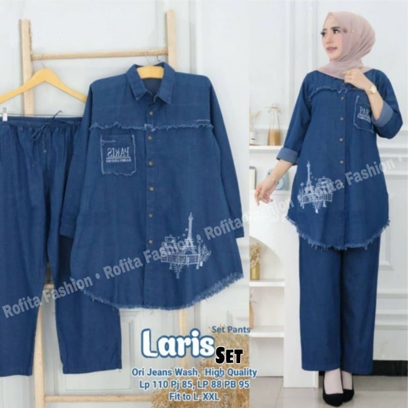 LARISS SET JEANS Pakaian Wanita One Set Jeans Premium Dewasa Perempuan