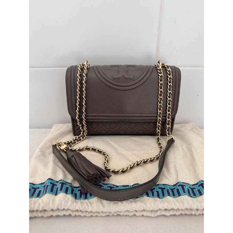 preloved tory burch taupe leather small fleming shoulder bag original