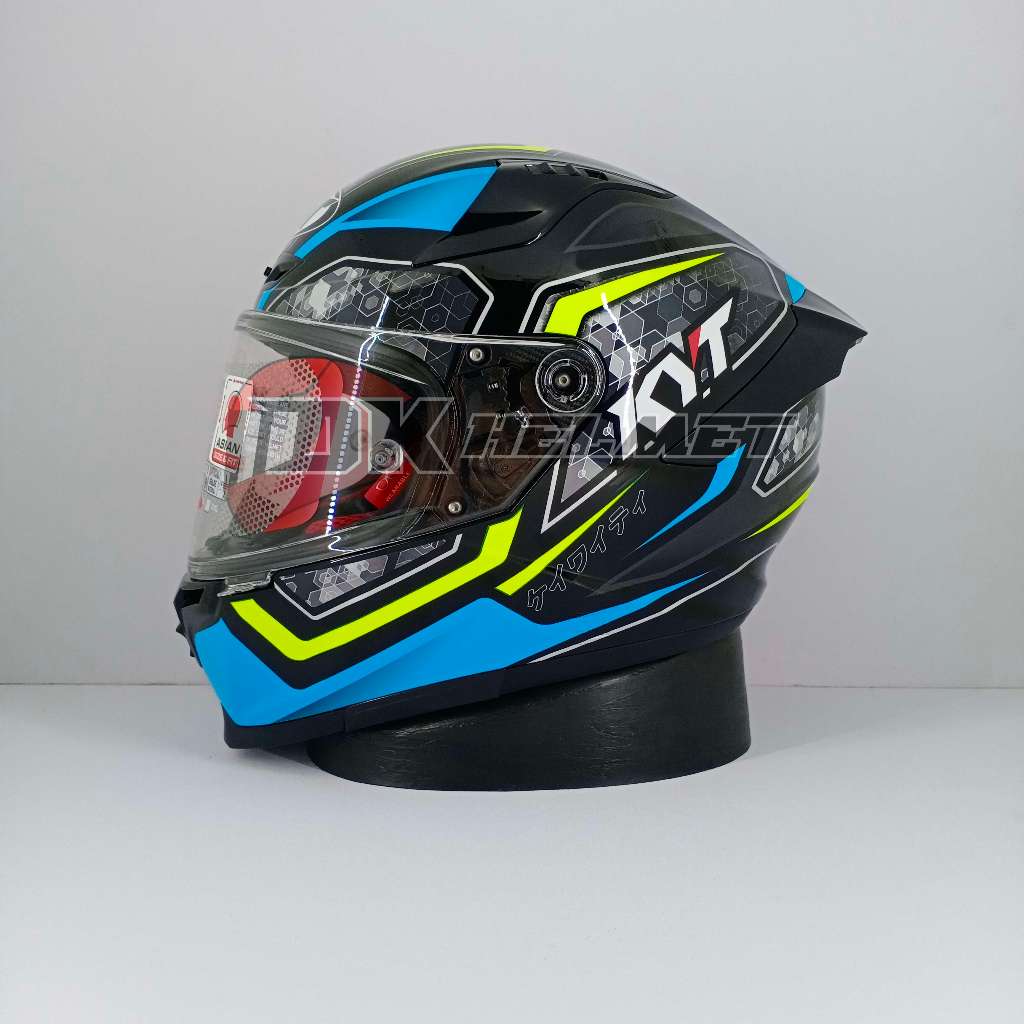 Helm Full Face KYT Striker Motif #1 Black Blue Yellow Gloss Warna Hitam Biru Kuning Glossy Original
