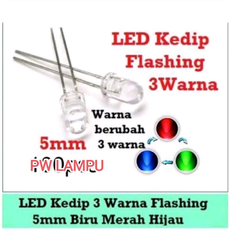 LED 5mm 3 warna RGB merah hijau biru kedip