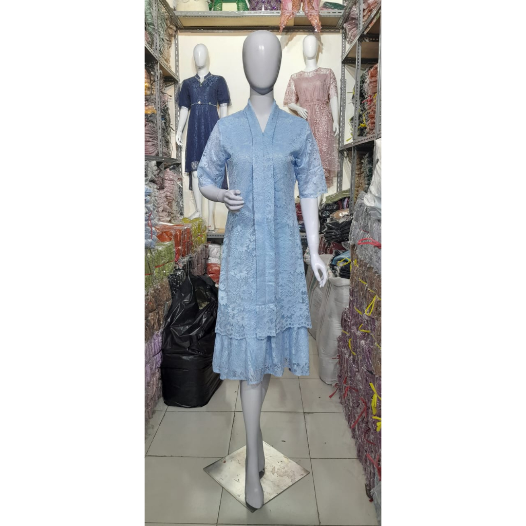 Dress Brokat Floy Baby blue Full Furing Baju Natal Wanita Gaun Natal DBF950