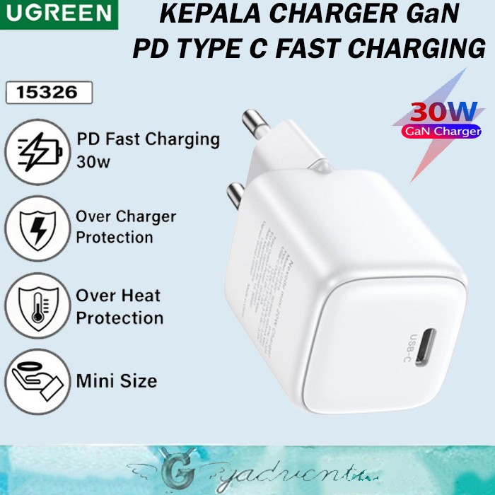 Ugreen Nexode Kepala Adaptor Charger GaN Fast Charging 20W 30W 45W 65W 100W 140W 200W Laptop Handphone Iphone Android-30W WHITE