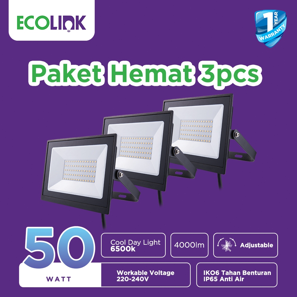 Ecolink Lampu Sorot Outdoor LED Flood Light 50W Putih Cool Paket 3pcs