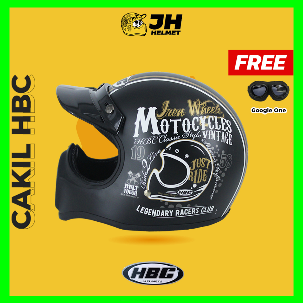 Promo Helm Cakil Hbc Just Ride Black Doff + Free Goggle Original 100% Hbc Cakil Helm Retro Helm Full