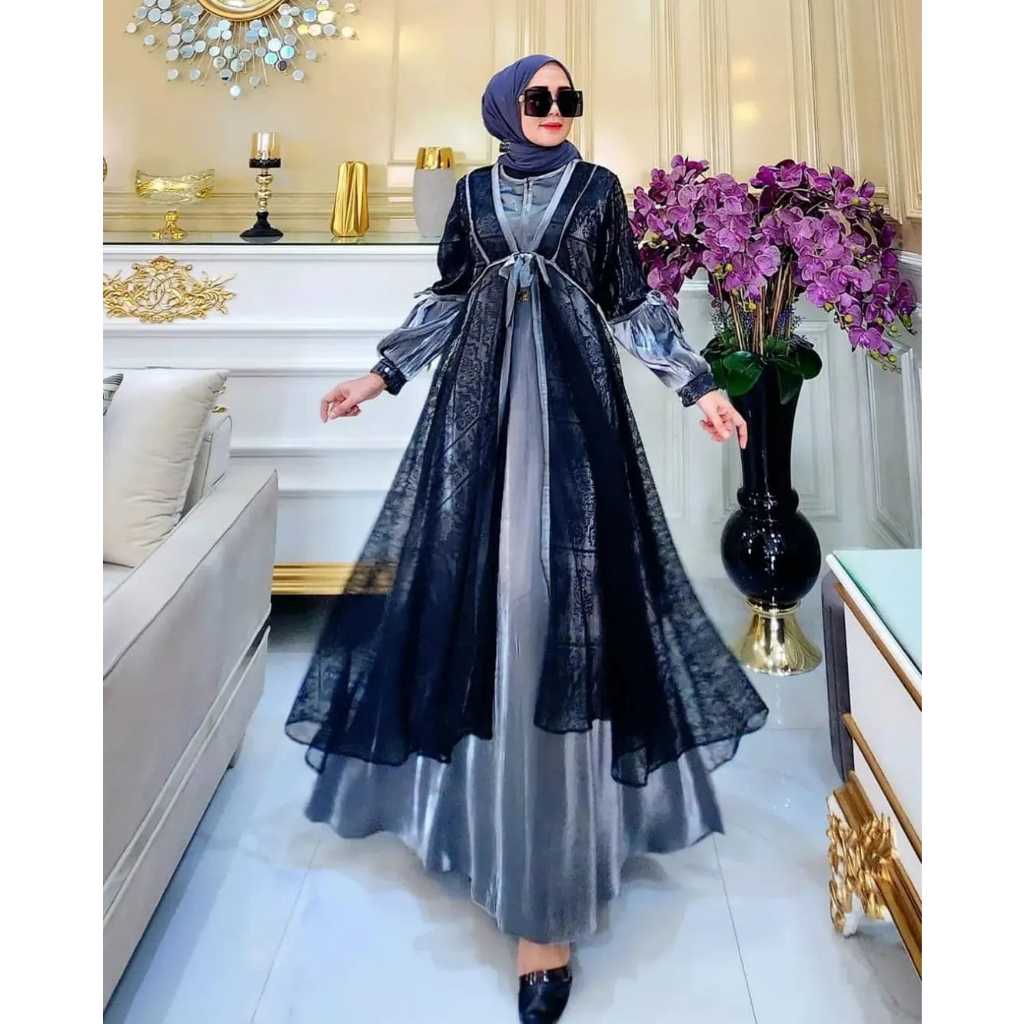 Talitha Maxi Dress Wanita Muslim Modern Kekinian Matt Shimmer Mix Brukat All Size Fit To XL Besar OOTD Gaun Pesta Kondangan Fashion Terlaris