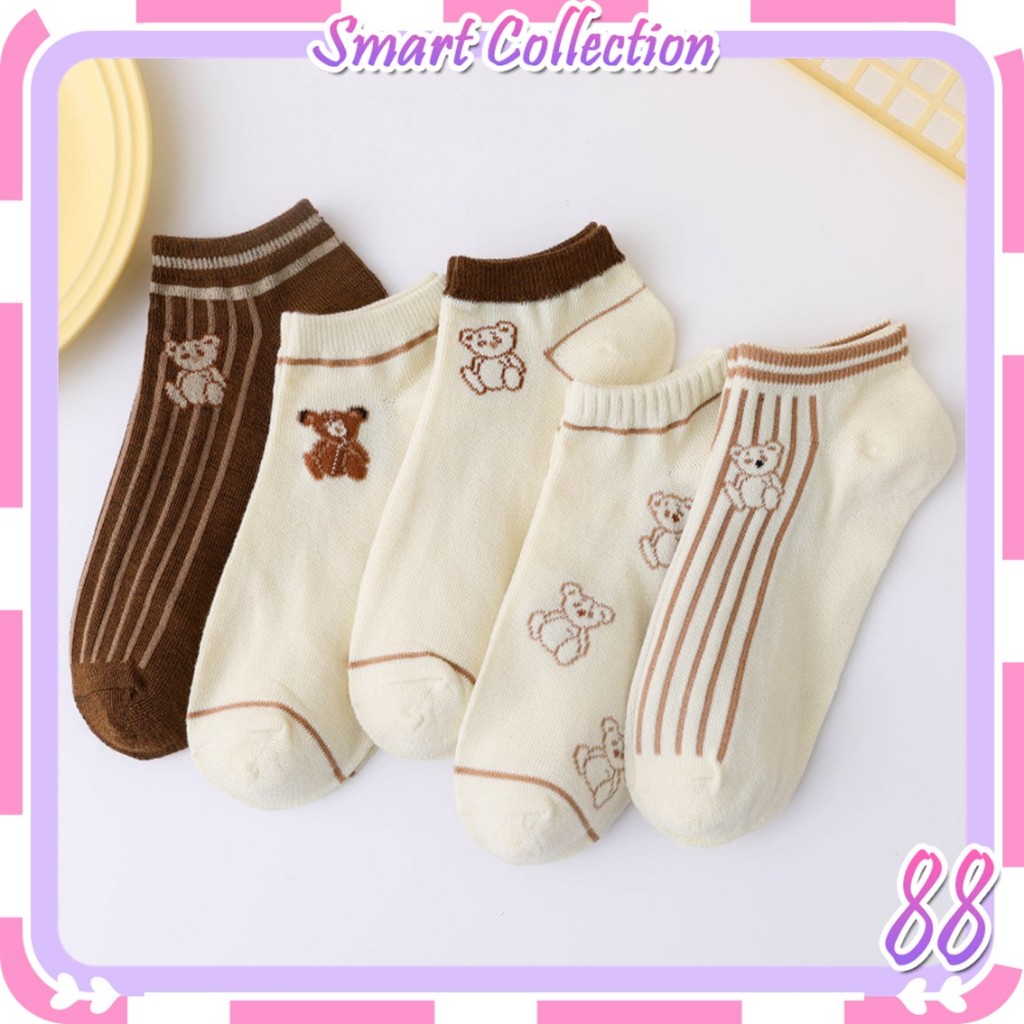 SC✌KK1405 Kaos Kaki Semata Kaki Polos Motif Beruang Garis Coklat Brown Kaus Kaki Ankle Dewasa Short Socks