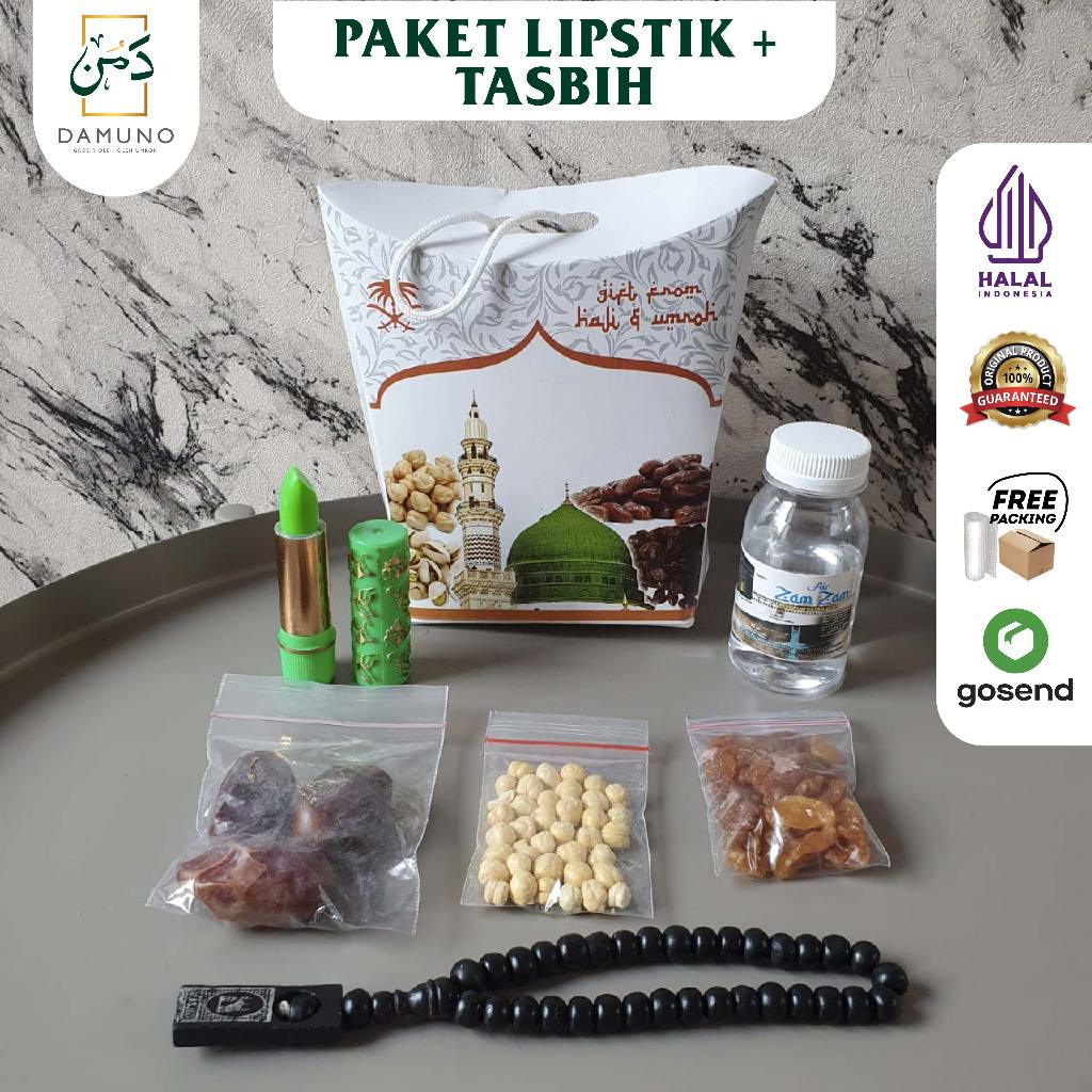 

Paket Oleh Oleh Haji dan Umroh Air Zamzam ori + botol 80ml+Kurma Khalas +Kismis+ Kacang Arab + Lipstik Hare + Tasbih kayu