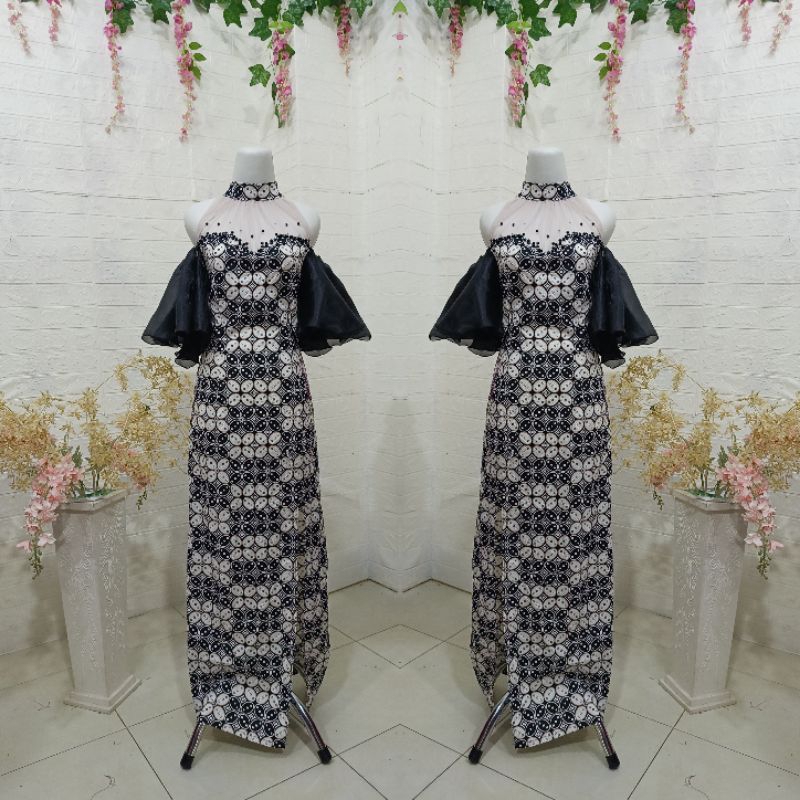LONGDRESS SEPAN BATIK STREET HITAM LENGAN SABRINA //DRESS PESTA