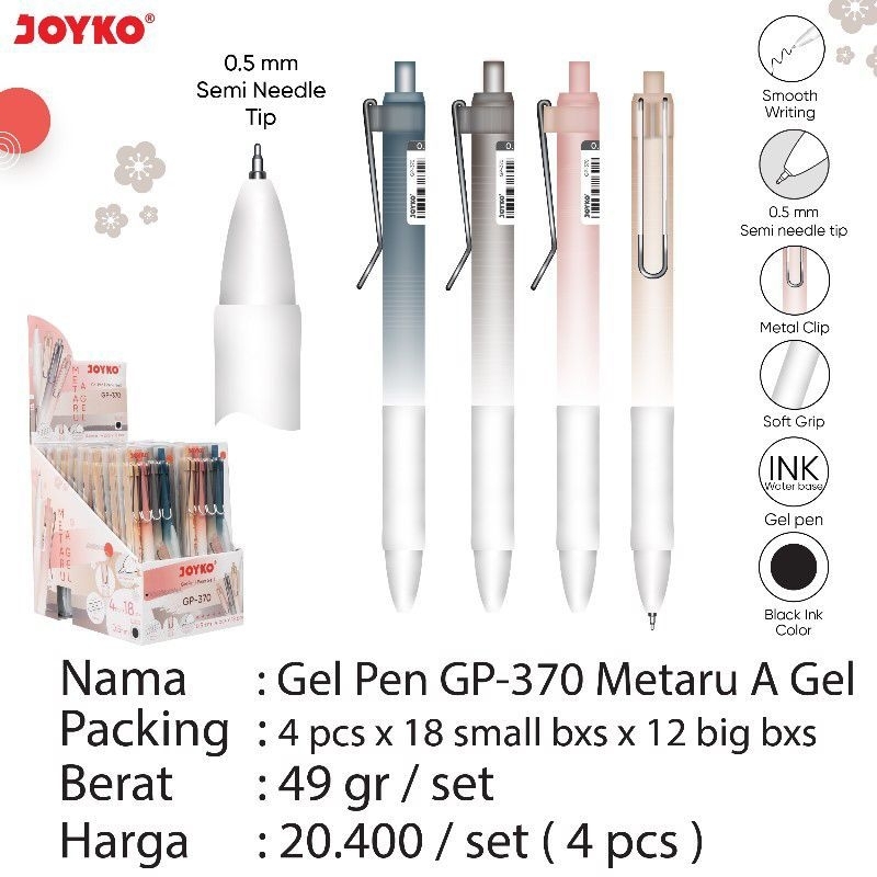 

gel pen Gp-370 metaru a gel joyko ( harga 4pcs)
