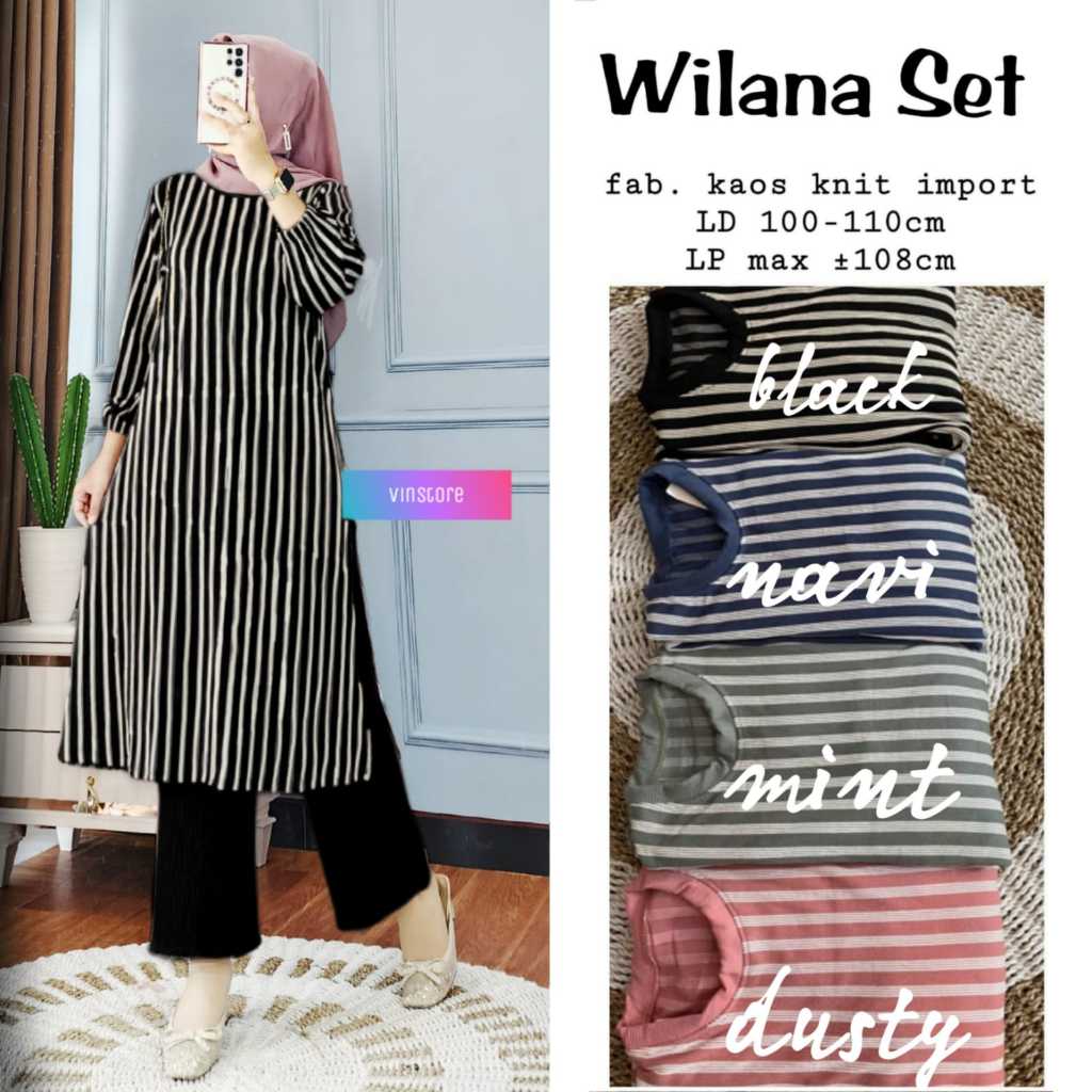 SETELAN BAJU WANITA TUNIK DAN CELANA KULOT WILANA SET BAHAN KAOS KNIT PREMIUM LD 110 CM ALLSIZE FIT 