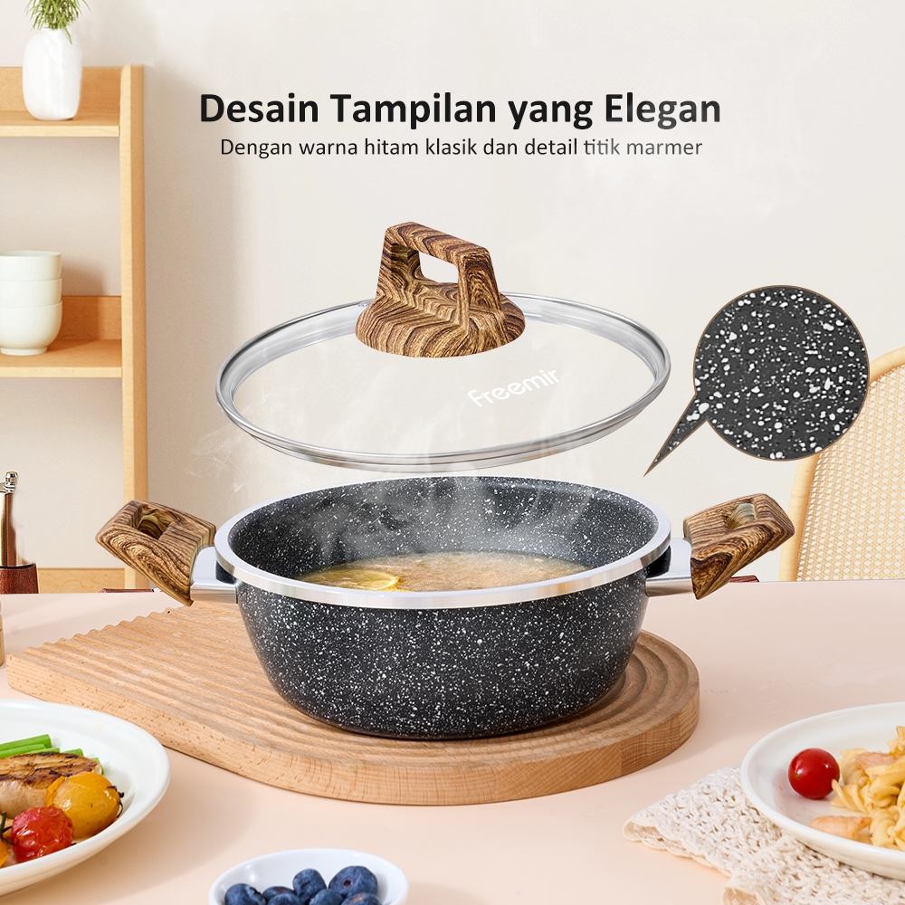 [READYYY] freemir Wajan Teflon anti lengket 20 cm Penggorengan Wok Pan Granit Tutup Kaca Rebus/Tumis