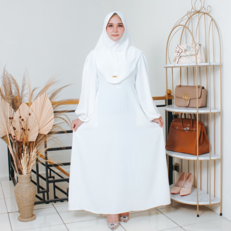 Putroelabel - Gamis Lora Putih Set Hijab Bahan Crincle Premium | Gamis Wanita Busui Friendly
