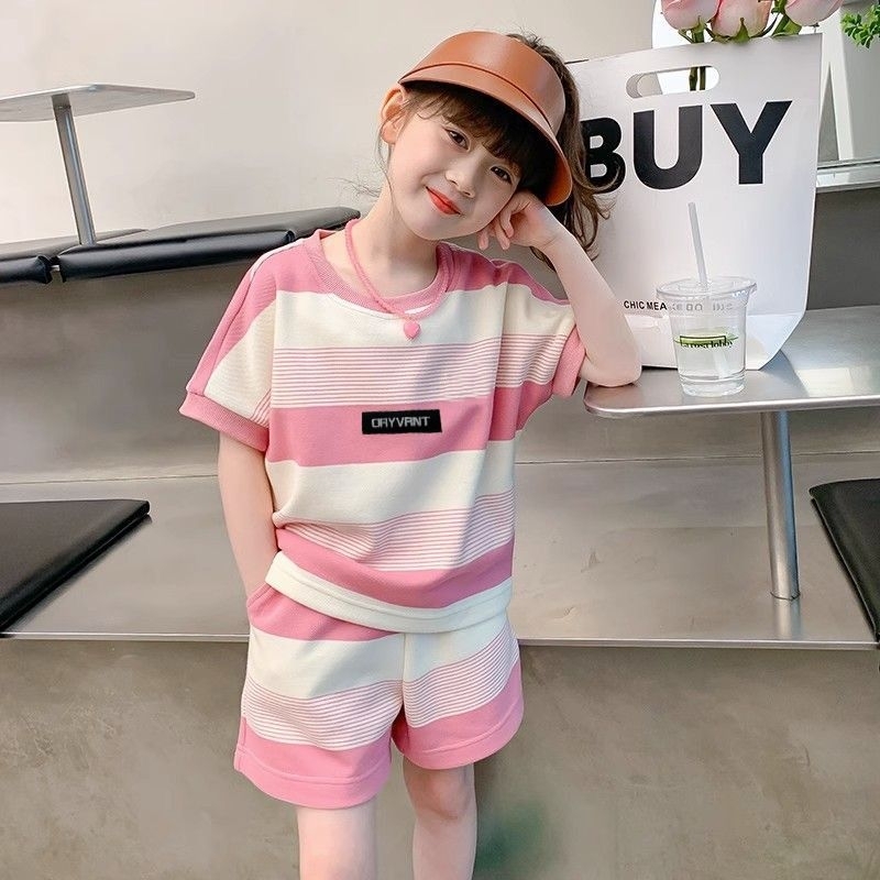 Baju Setelan Anak Cewek Pink dan Cream Celana Pendek/ Baju Anak Setelan Import/ Baju Setelan Anak Ta