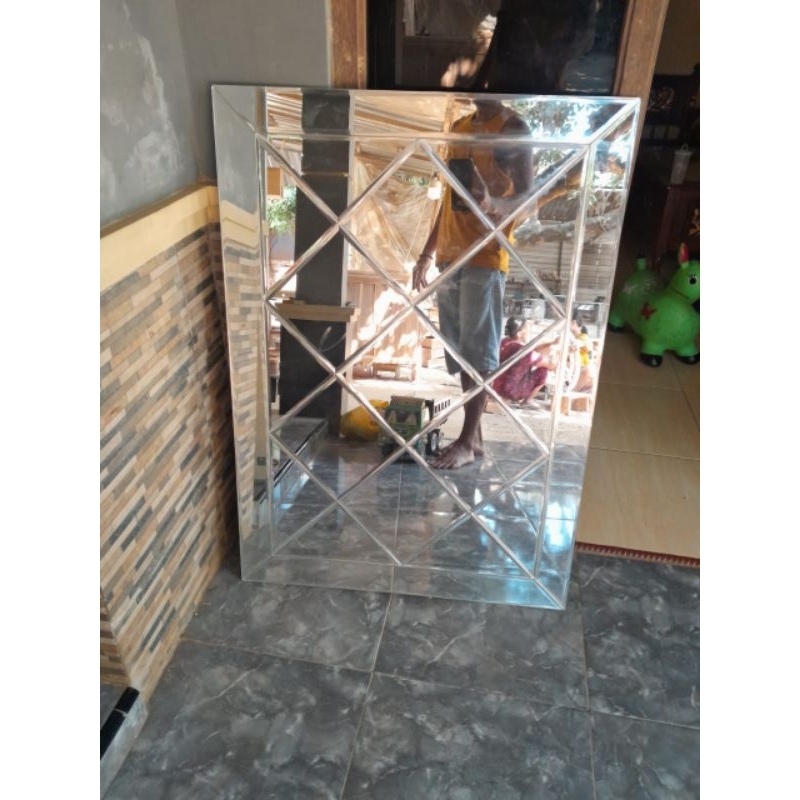 pigura cermin silang bevel bingkai full kaca