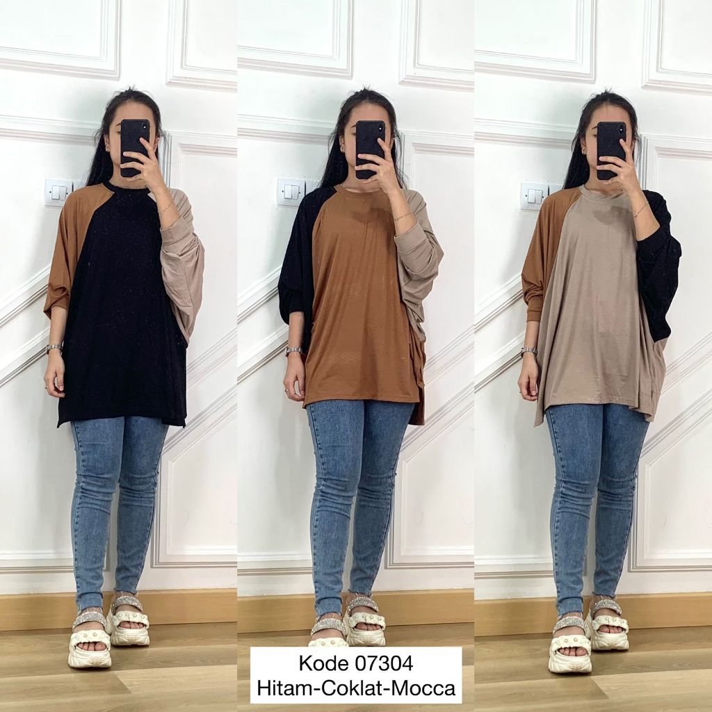 07304 KAOS OVERSIZE KOMBINASI 3 WARNA VARIASI LENGAN KELELAWAR TANGAN PANJANG PREMIUM WANITA ATASAN 