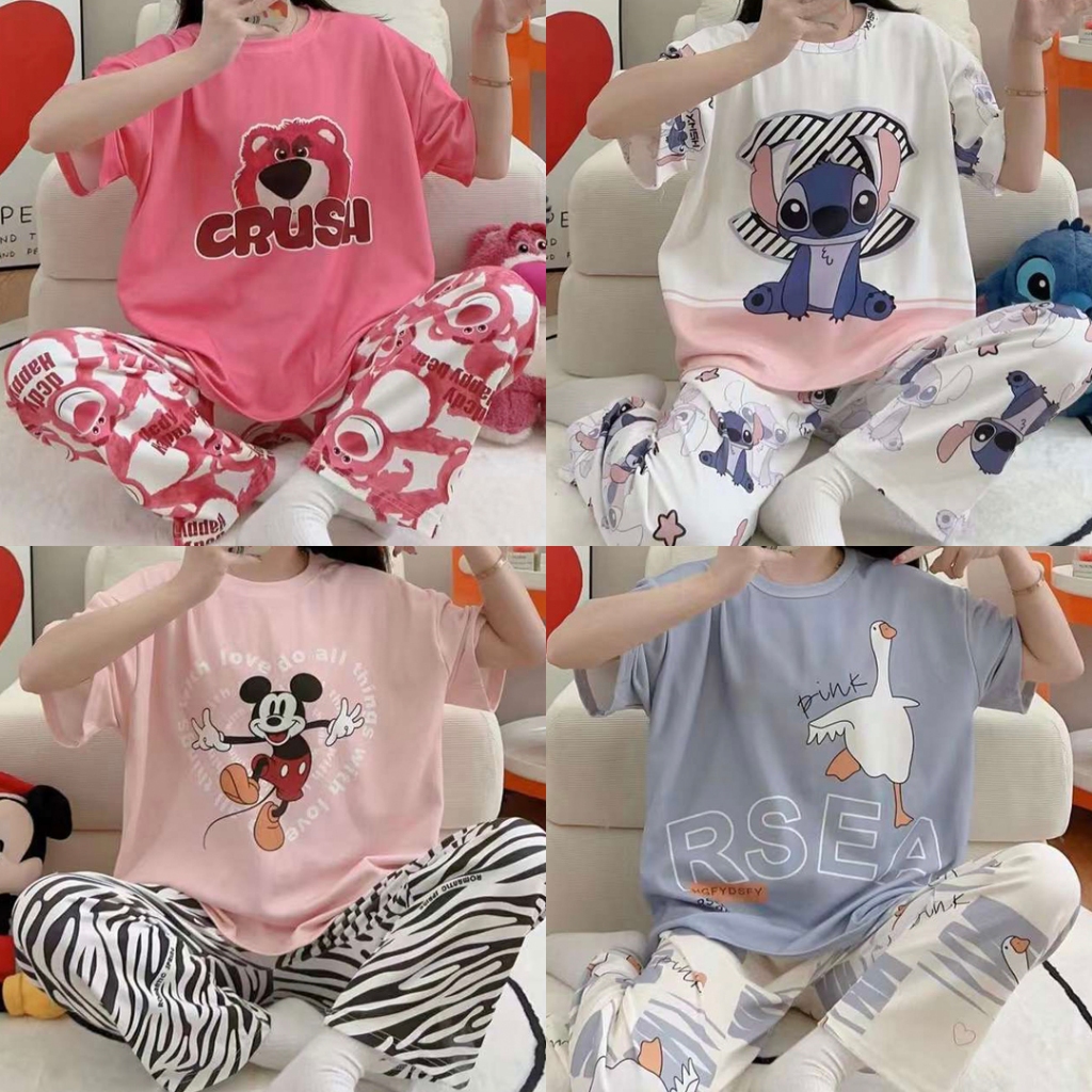 Piyama Korea Leisure Wear CP Import Baju Tidur Wanita Piyama Karakter Spandek Setelan Lengan Pendek 
