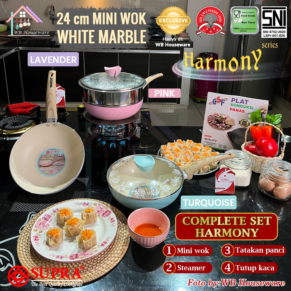 NEW SUPRA set Harmony pan 24cm white marble anti lengket + steamer + tutup kaca / mini wok / stir wo